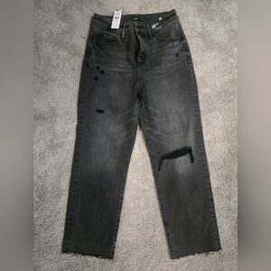 Express Women's Black Distressed Straight Ankle High Rise Jeans